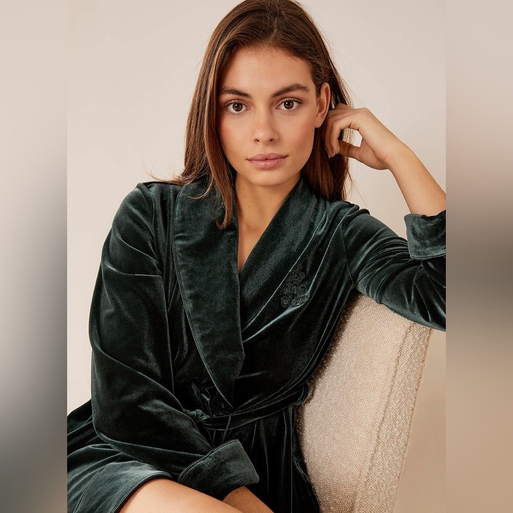 Lauren by Ralph Lauren Velvet Long Shawl-Collar Robe Embroidered logo